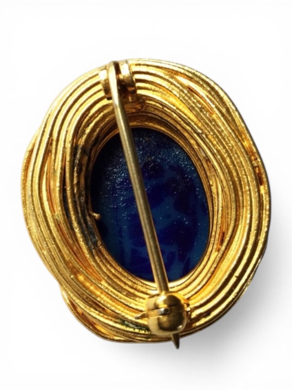 Vintage Brutalist Gold‑Tone Brooch - Blue Agate Cabochon & Gold Flecks - Picture 12 of 13
